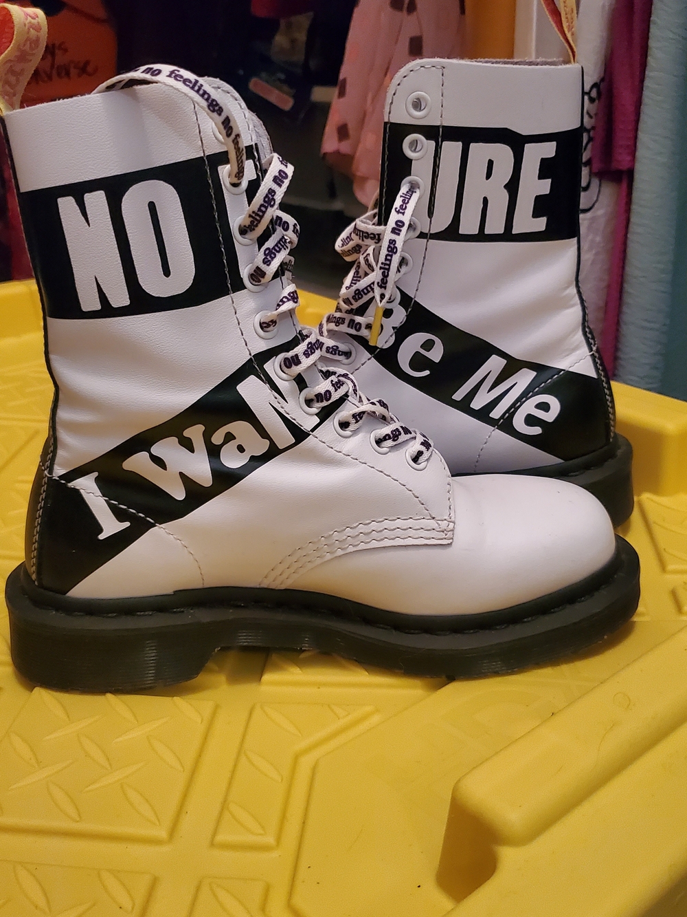 Dr. Martens White and Black Graphic Lace-Up Combat Boots